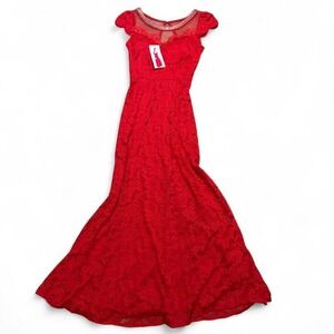 Red lace maxi dress scallop cap sleeves sheer scoop neckline with rhinestones